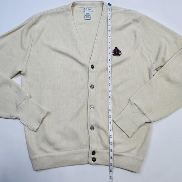 Vintage Izod Sweater Mens Medium Cream Crest Logo Cardigan Acrylic Preppy 90s - Picture 5 of 9